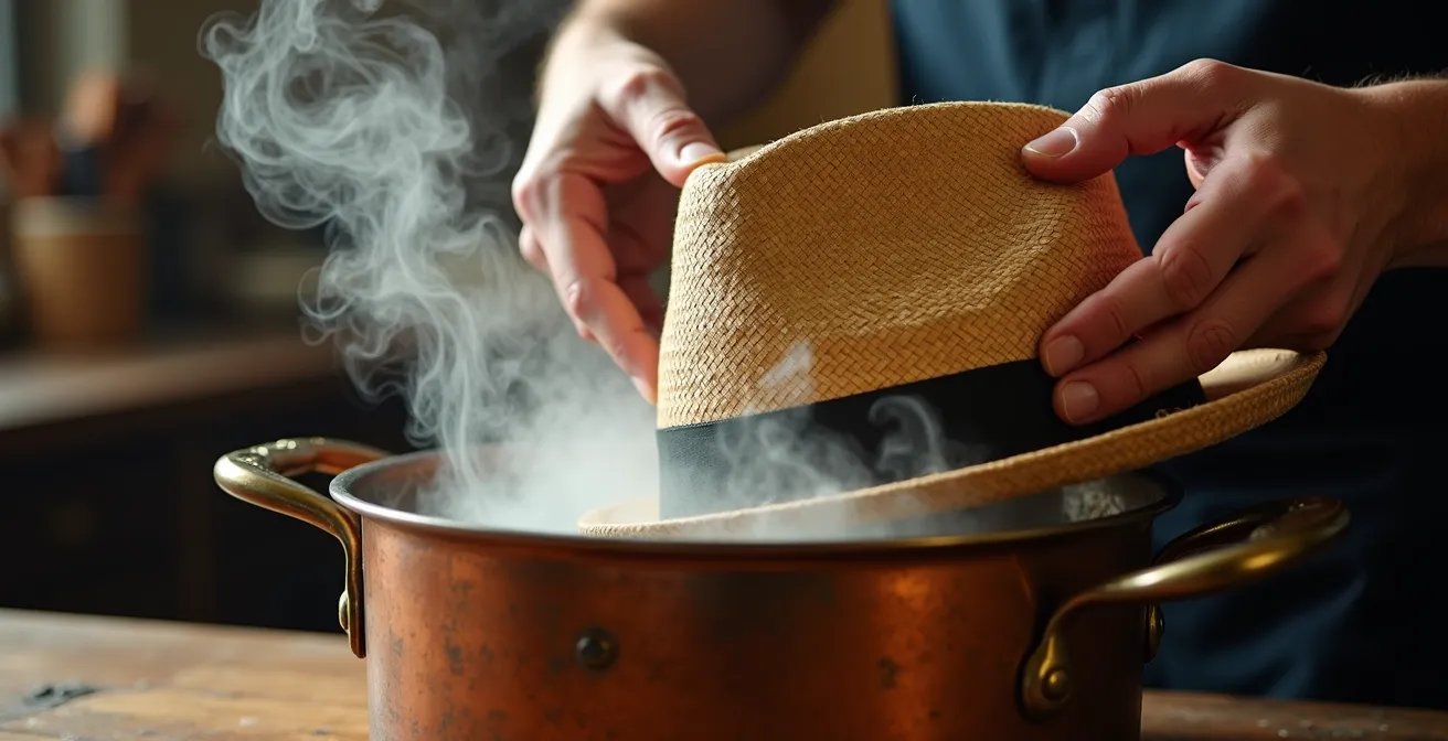 Mains expertes travaillant à la vapeur pour redonner forme à un chapeau de paille