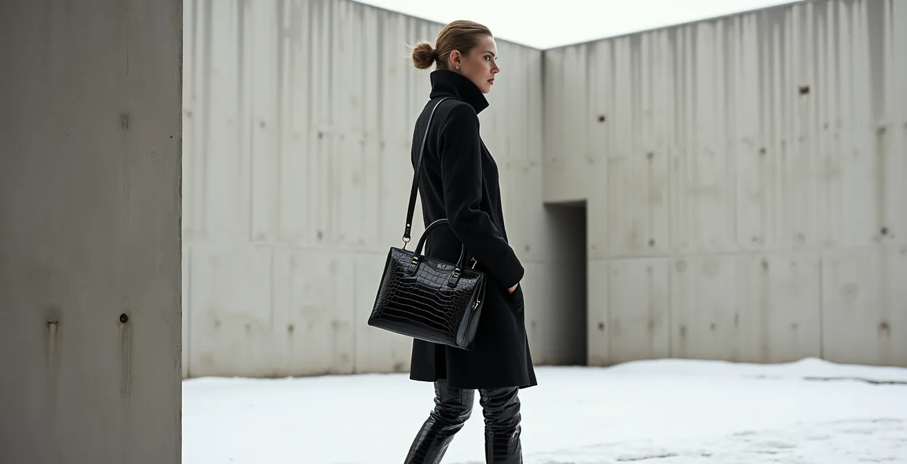 Silhouette élégante en tenue monochrome avec accessoires contrastés dans un environnement urbain hivernal