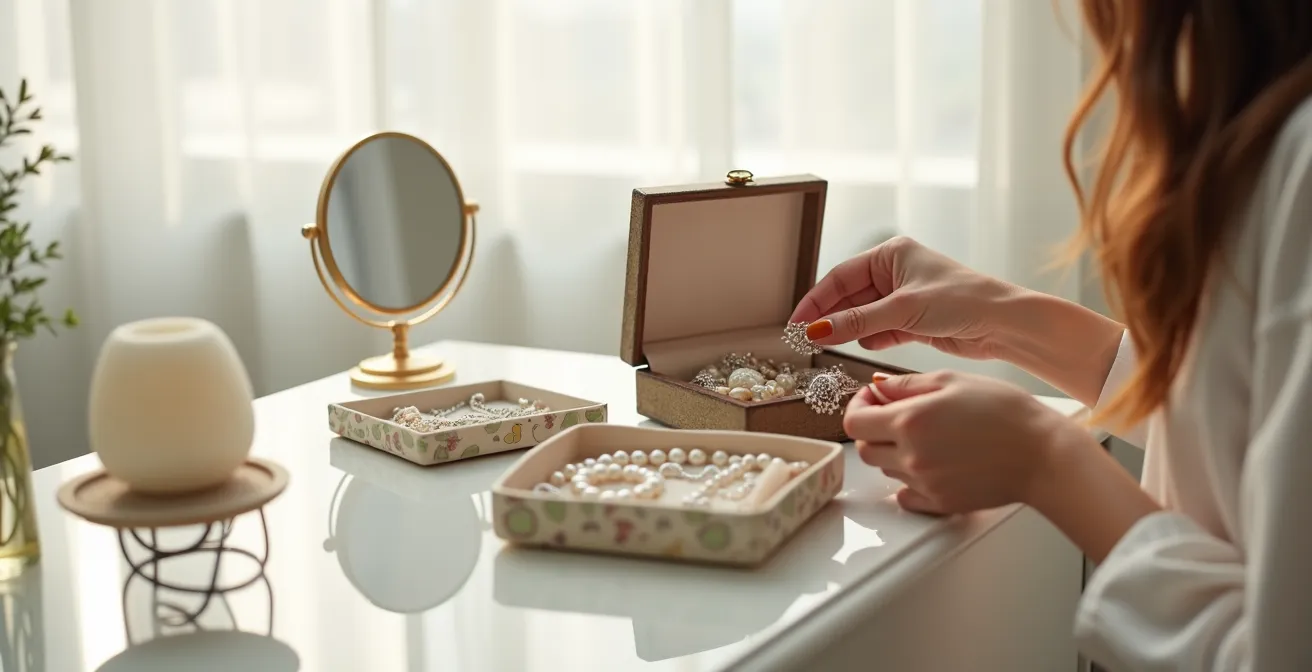 Mains féminines rangeant des bijoux classiques dans une boîte tout en tenant un nouveau bijou moderne