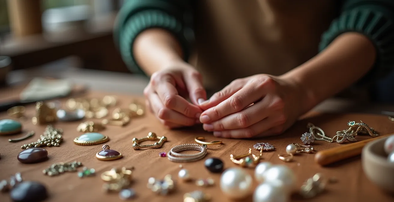 Processus de transformation d'une broche vintage en pendentif contemporain