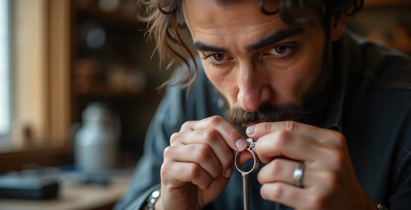 Gros plan sur une main inspectant minutieusement les griffes d'un sertissage de bague avec une loupe de bijoutier